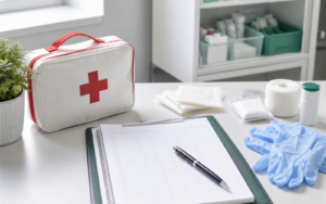 Registre des accidents bénins avec trousse de secours et matériel de premiers soins en entreprise