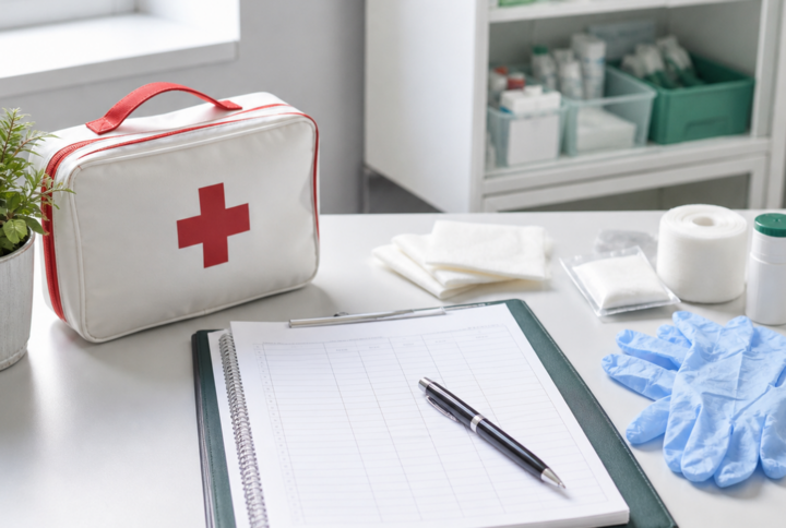 Registre des accidents bénins avec trousse de secours et matériel de premiers soins en entreprise