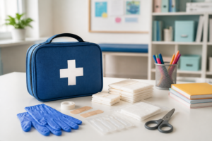 Trousse de secours pour école avec pansements, compresses et gants jetables