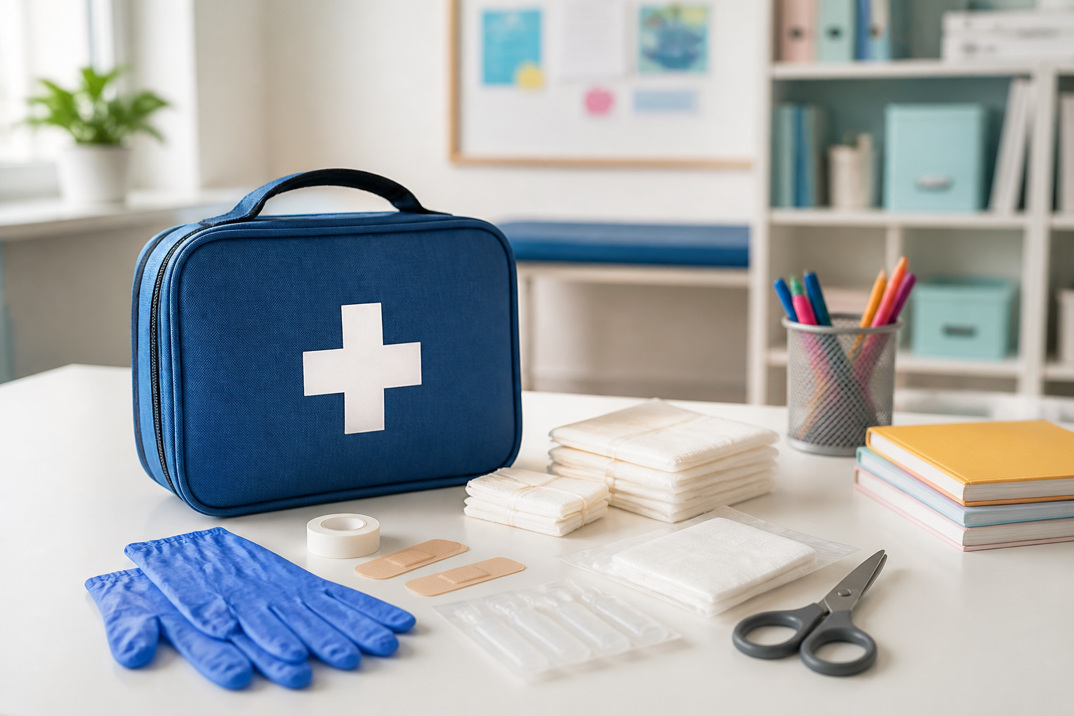 Trousse de secours pour école avec pansements, compresses et gants jetables