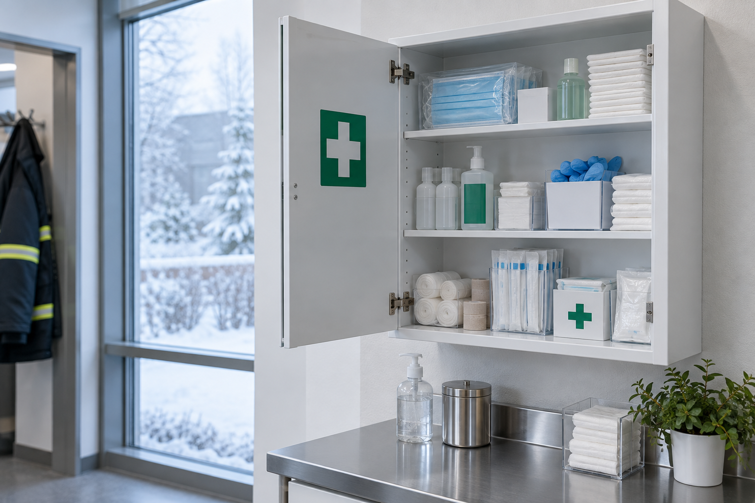 Armoire à pharmacie en entreprise préparée pour les épidémies hivernales